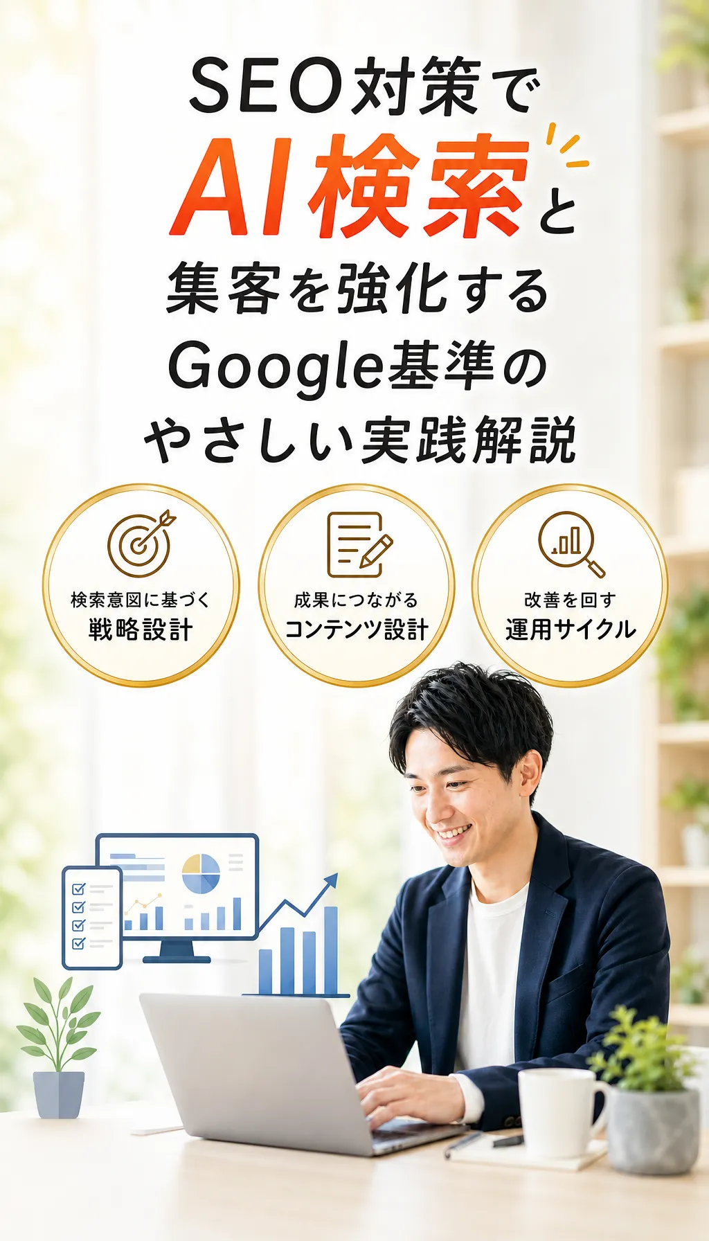 AI検索とSEO対策で集客力向上を目指すビジネスパーソンが打ち合わせをしている様子