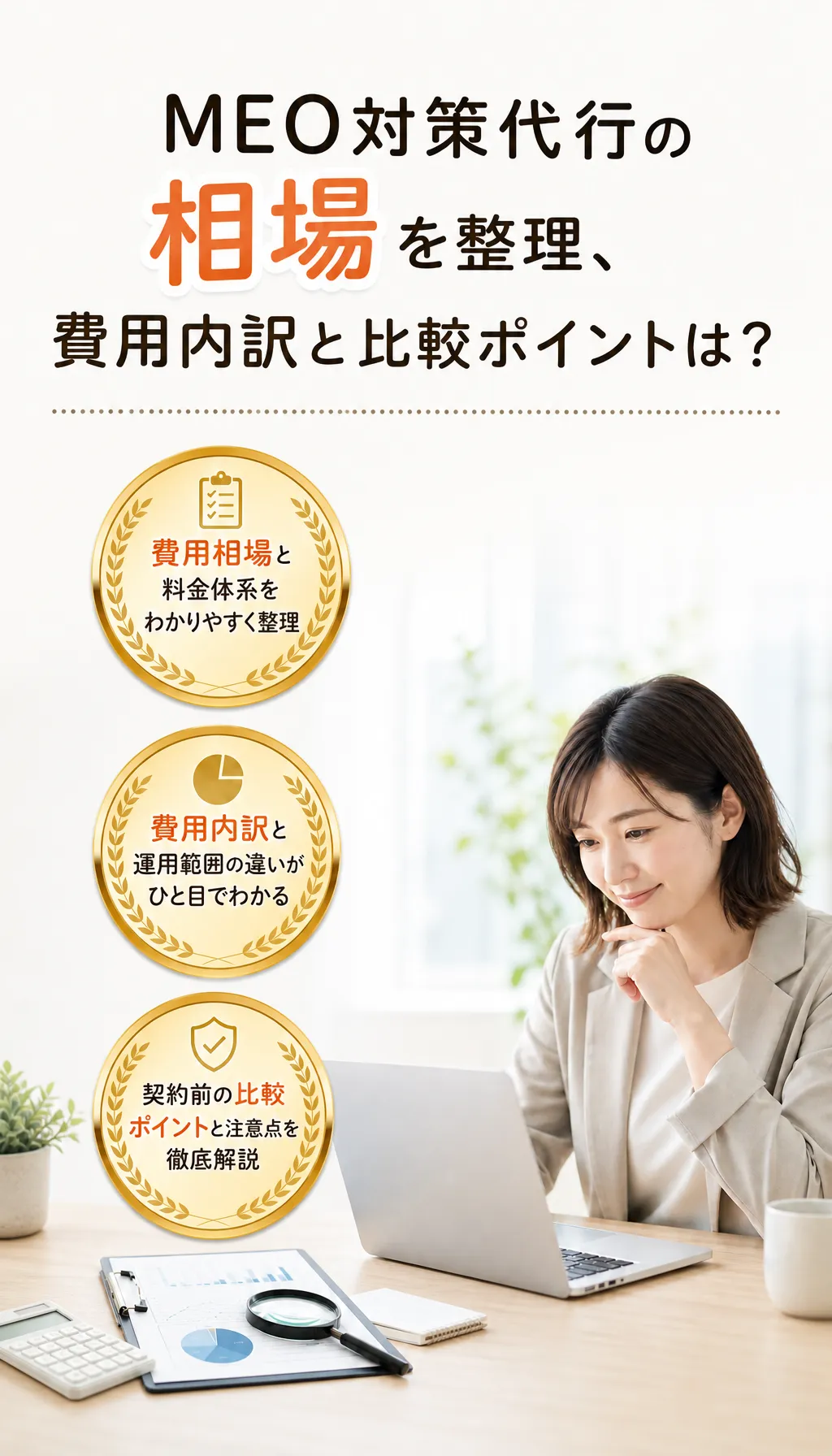 MEO対策代行の費用とサービス内容を比較する担当者